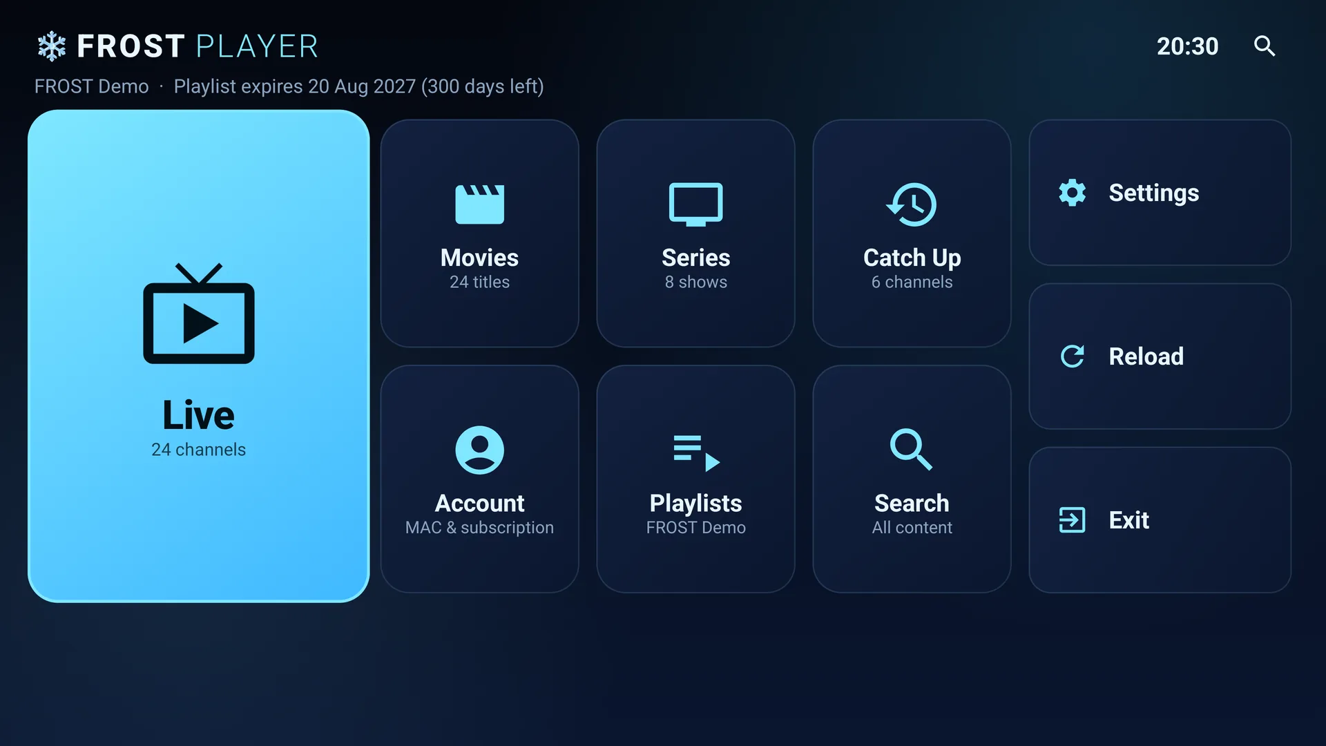 FROST PLAYER home screen on a TV, showing Live, Movies, Series, Catch Up and Resume to Watch