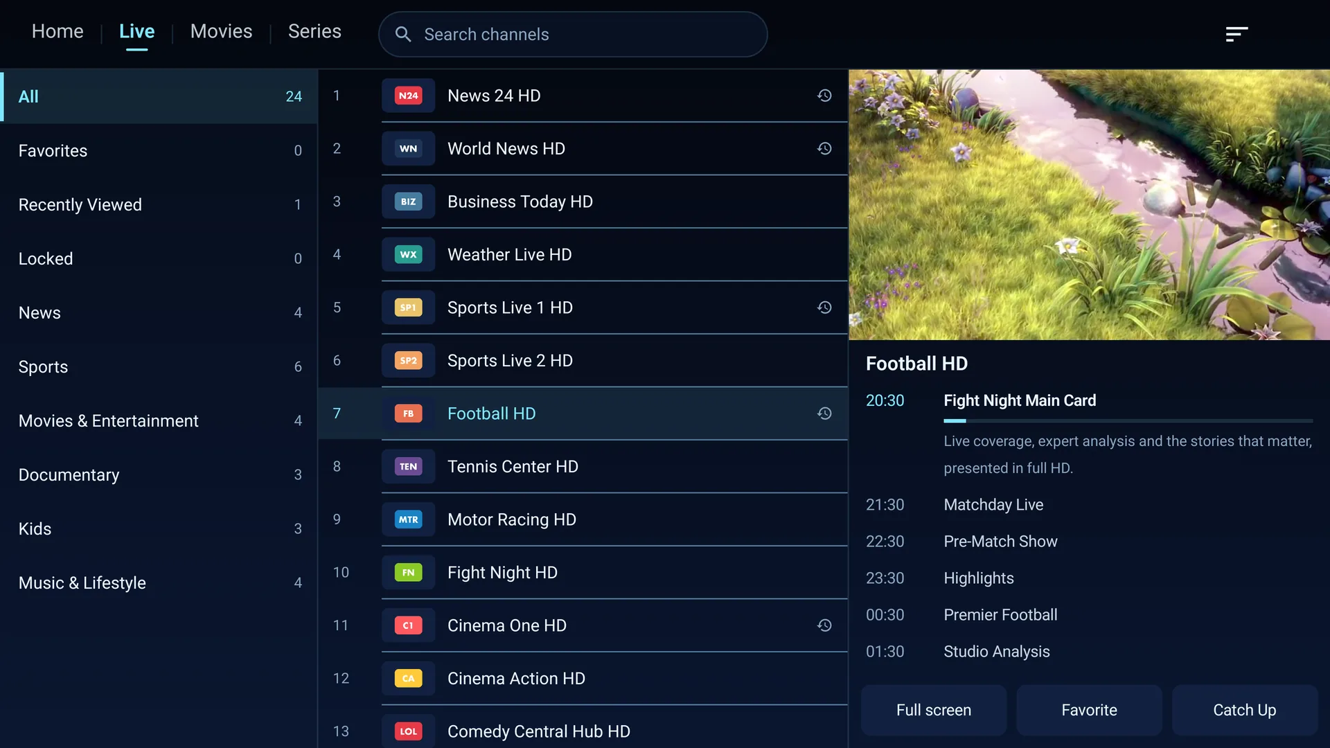 Live TV screen with categories, channel list and programme guide